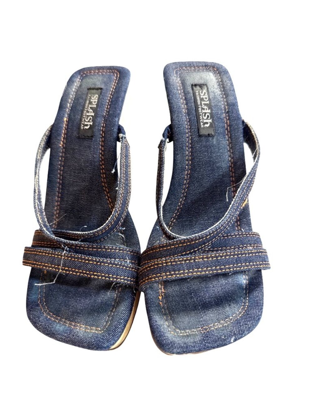 Vintage Splash Chunky Denim Heels With Clear Acrylic Block Heel & Wood Sole Y2K